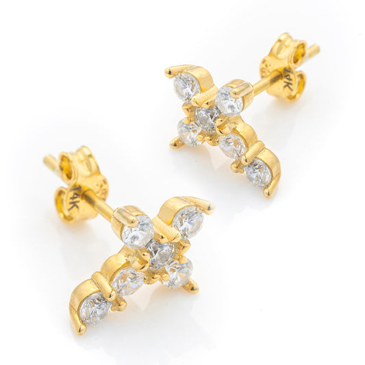 Solid Gold Cross Stone Earrings, Premium Pair of Cross Studs, Handmade Fine Jewelry By Selanica