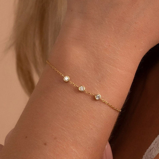 Solid Gold Three Stone Bracelet, Real Gold Premium Chain Bracelet For Her, Handmade Fine Jewelry by Selanica