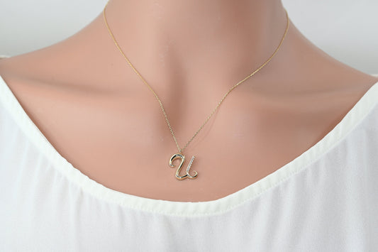 Solid Gold Letter U Moissanite Necklace / Real Gold Unique Design Initial U Pendant / Handmade Fine Jewelry  /  All Letters Available