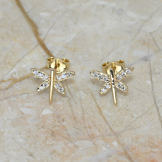 Solid Gold Dainty Dragonfly Earrings / Real Gold Pair of Earrings For Her / Handmade Fine Jewelry By Selanica
