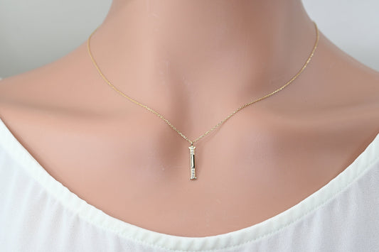 Solid Gold Letter I Moissanite Necklace / Real Gold Unique Design Initial I Pendant / Handmade Fine Jewelry  /  All Letters Available