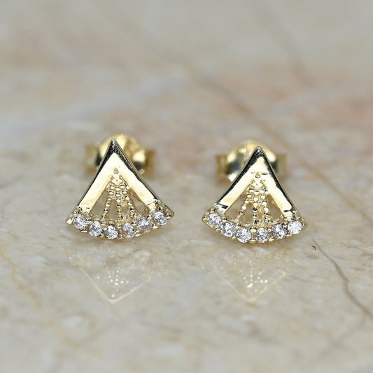 Solid Gold Dainty Fan Earrings / Real Gold Premium Pair of Earrings For Her / Handmade Fine Jewelry By Selanica