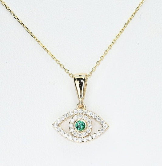 Solid Gold Dainty Emerald Evil Eye Necklace, Real Gold Dainty Eye Pendant For Her, Handmade Fine Jewelry by Selanica