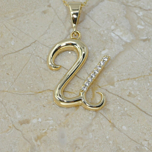 Solid Gold Letter U Moissanite Necklace / Real Gold Unique Design Initial U Pendant / Handmade Fine Jewelry  /  All Letters Available