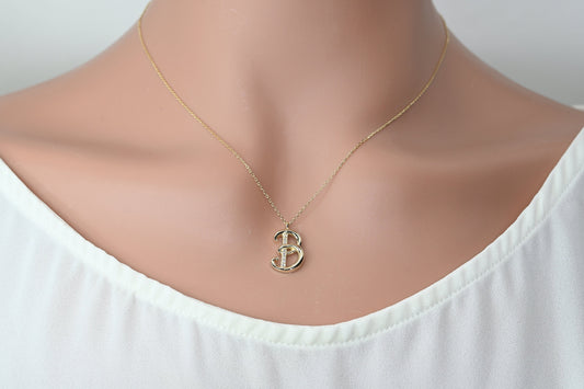 Solid Gold Letter B Moissanite Necklace / Real Gold Unique Design Initial B Pendant / Handmade Fine Jewelry  /  All Letters Available