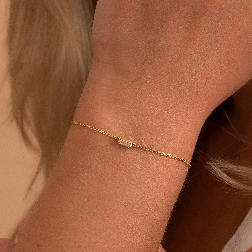 Solid Gold Dainty Baguette Bracelet, Real Gold Premium Bracelet For Her, Handmade Fine Jewelry by Selanica