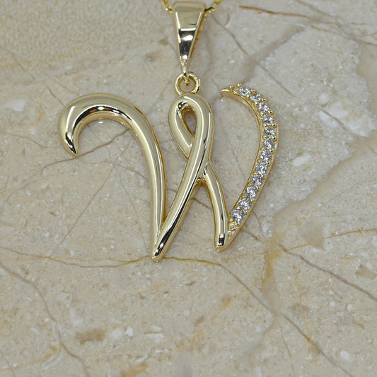 Solid Gold Letter W Moissanite Necklace / Real Gold Unique Design Initial W Pendant / Handmade Fine Jewelry  /  All Letters Available