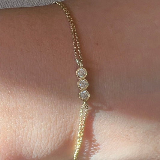 Gold Chain Bracelet, Solid Gold Dainty Bracelet, Real Gold 3 Stone Moissanite Bracelet For Her, Handmade Fine Jewelry by Selanica