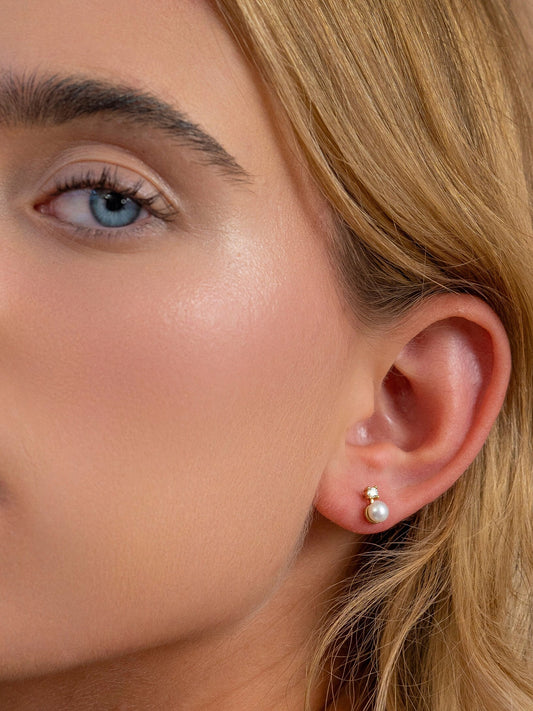 Solid Gold Dainty Pearl Pair of Earrings, Real Gold Natural Pearl Stud Earrings For Her, Premium Handmade Fine Jewelry By Selanica