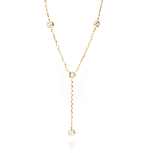 Solid Gold Bezel Lariat Necklace, Real Gold Dainty Y Necklace, Premium Bezel Necklace For Her, Handmade Fine Jewelry by Selanica