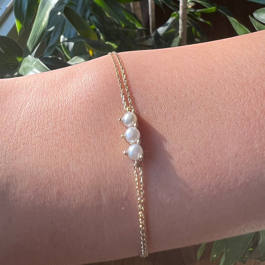 Gold 3 Pearl Bracelet, Solid Chain Bracelet, Real Gold Natural Pearl Bracelet For Her, Handmade Fine Jewelry by Selanica