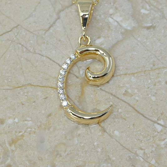 Solid Gold Letter C Moissanite Necklace / Real Gold Unique Design Initial C Pendant / Handmade Fine Jewelry  /  All Letters Available
