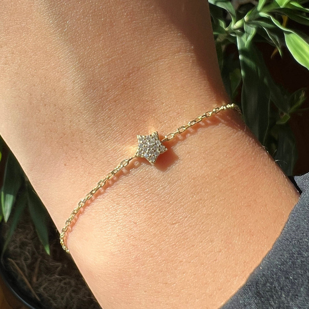 Gold Dainty Star Bracelet, Solid Gold Chain Bracelet, Real Gold Celestial Bracelet For Her, Handmade Fine Jewelry by Selanica