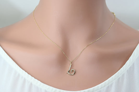 Solid Gold Letter L Moissanite Necklace / Real Gold Unique Design Initial L Pendant / Handmade Fine Jewelry  /  All Letters Available