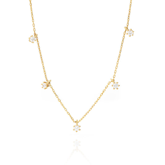 Solid Gold Dainty Necklace, Real Gold Five Stone Necklace, Premium Necklace For Her, Handmade Fine Jewelry by Selanica