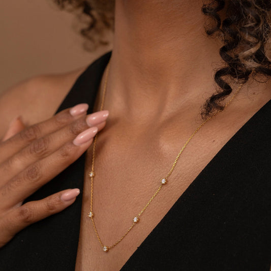 Solid Gold Five Stone Necklace, Real Gold Dainty Necklace, Premium Necklace For Her, Handmade Fine Jewelry by Selanica