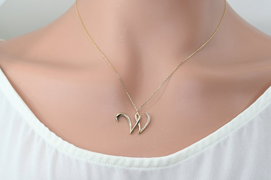 Solid Gold Letter W Moissanite Necklace / Real Gold Unique Design Initial W Pendant / Handmade Fine Jewelry  /  All Letters Available