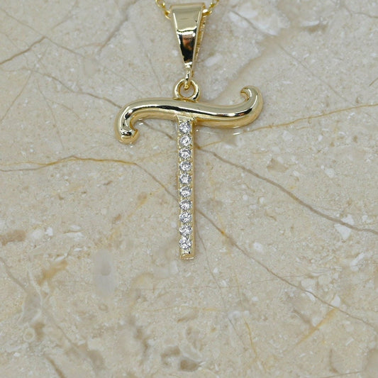 Solid Gold Letter T Moissanite Necklace / Real Gold Unique Design Initial T Pendant / Handmade Fine Jewelry  /  All Letters Available