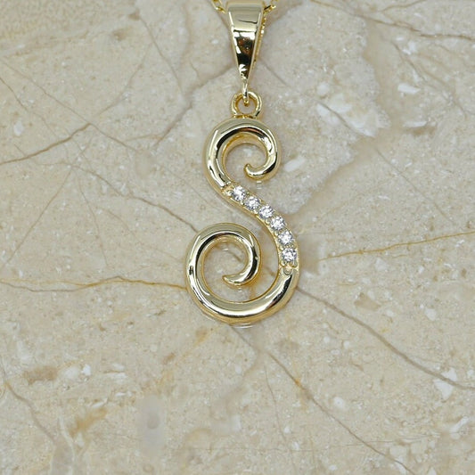 Solid Gold Letter S Moissanite Necklace / Real Gold Unique Design Initial S Pendant / Handmade Fine Jewelry  /  All Letters Available