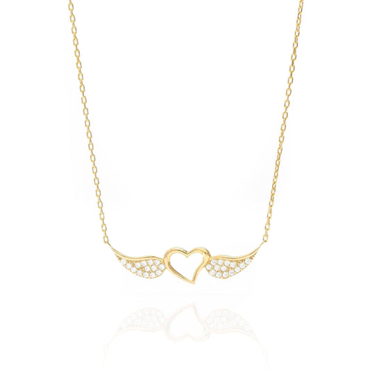 Solid Gold Angel Wings Necklace, Real Gold Love Pendant, Handmade Fine Jewelry by Selanica