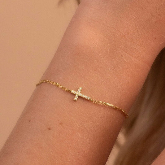 Solid Gold Double Chain Cross Bracelet, Real Gold Premium Cross Bracelet For Her, Handmade Fine Jewelry by Selanica