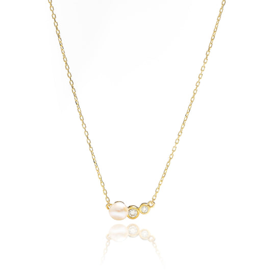 Solid Gold Natural Pearl Necklace, Real Gold Dainty Bezel Necklace, Premium Necklace For Her, Handmade Fine Jewelry by Selanica