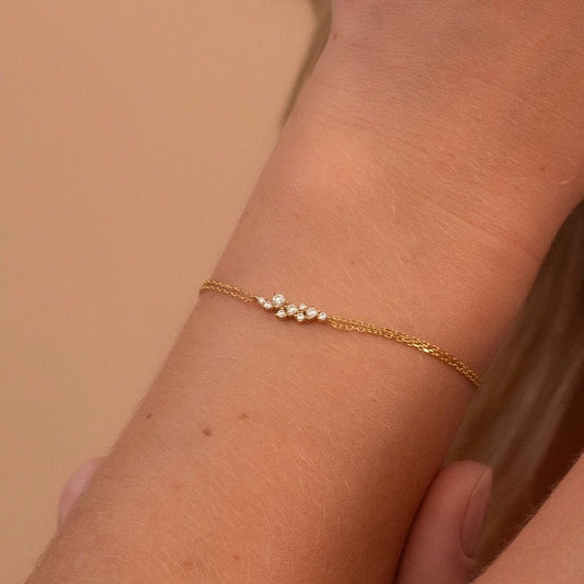 Solid Gold Dainty Cluster Bracelet, Real Gold Double Chain, Premium Bracelet For Her, Handmade Fine Jewelry by Selanica