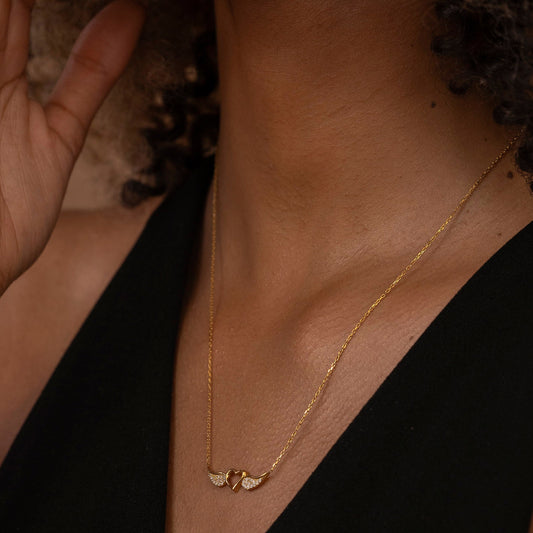 Solid Gold Angel Wings Necklace, Real Gold Love Pendant, Handmade Fine Jewelry by Selanica