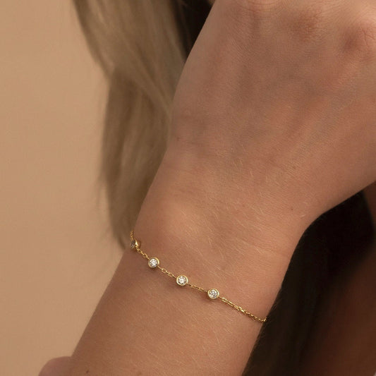 Solid Gold Dainty Four Stone Bezel Bracelet, Real Gold Premium Minimalist Bracelet For Her, Handmade Fine Jewelry by Selanica