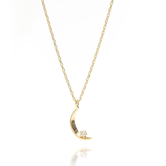 Solid Gold Dainty Moon Necklace, Real Gold Moon Star Necklace, Premium Crescent Pendant, Handmade Fine Jewelry by Selanica