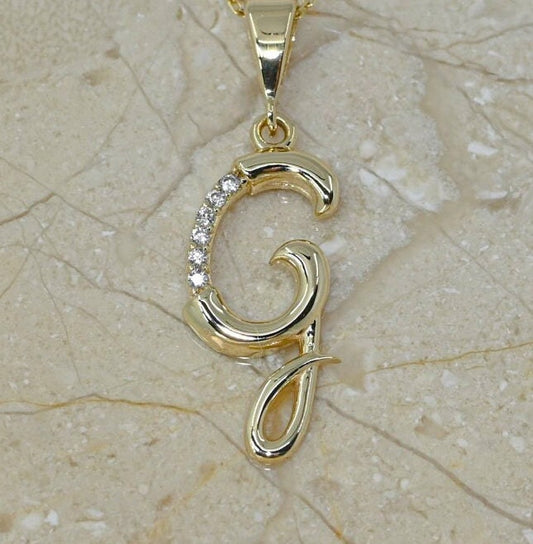 Solid Gold Letter G Moissanite Necklace / Real Gold Unique Design Initial G Pendant / Handmade Fine Jewelry  /  All Letters Available