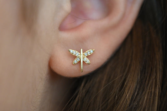 Solid Gold Dainty Dragonfly Earrings / Real Gold Pair of Earrings For Her / Handmade Fine Jewelry By Selanica