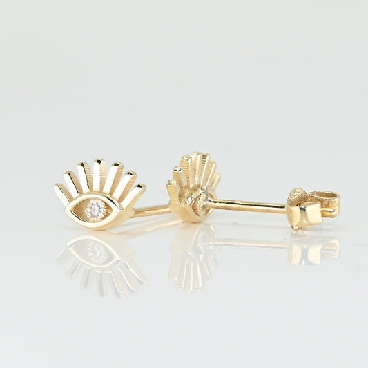 Solid Gold Dainty Eyelash, Evil Eye Pair of Earrings, Real Gold Earrings For Her, Elegant Stud Earrings, Handmade Fine Jewelry By Selanica