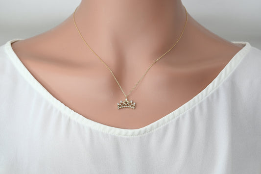 Solid Gold Crown Necklace, Real Gold Crown Pendant, Queen Coronet Necklace For Her, Handmade Fine Jewelry For Her