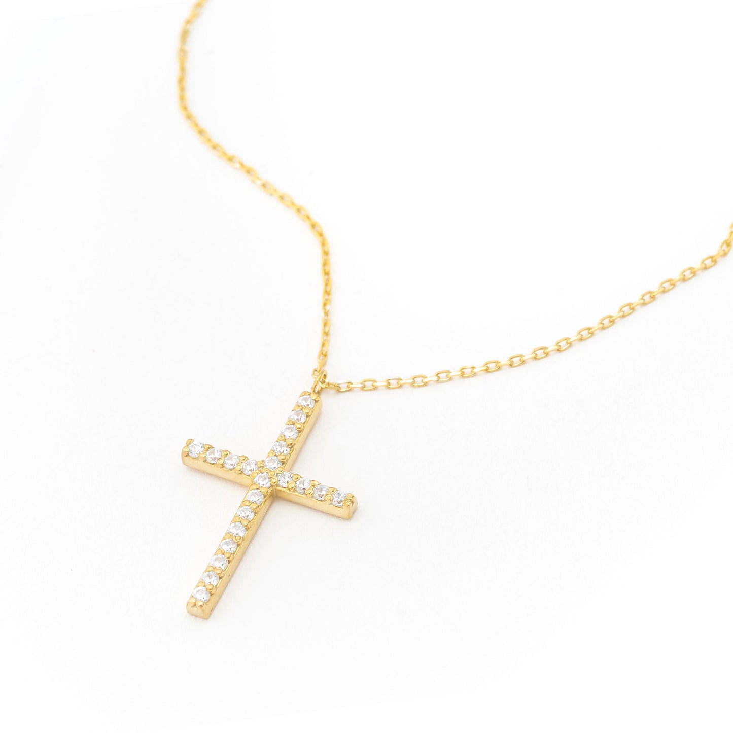Solid Gold Dainty Cross Necklace, Real Gold Pave Setting Premium Cross Necklace, Handmade Fine Jewelry by Selanica