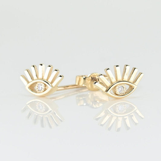 Solid Gold Dainty Eyelash, Evil Eye Pair of Earrings, Real Gold Earrings For Her, Elegant Stud Earrings, Handmade Fine Jewelry By Selanica