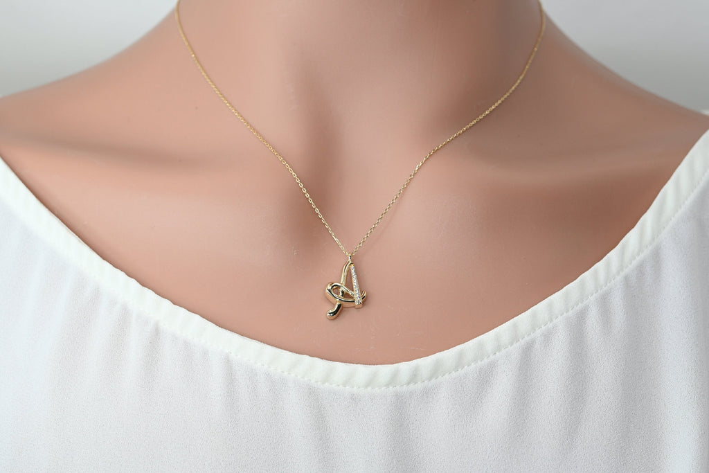 Solid Gold Letter A Moissanite Necklace / Real Gold Unique Design Initial A Pendant / Handmade Fine Jewelry  /  All Letters Available