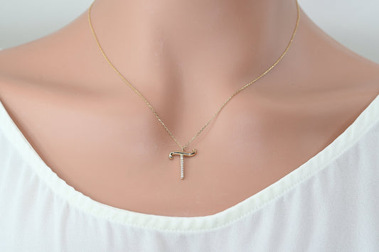Solid Gold Letter T Moissanite Necklace / Real Gold Unique Design Initial T Pendant / Handmade Fine Jewelry  /  All Letters Available