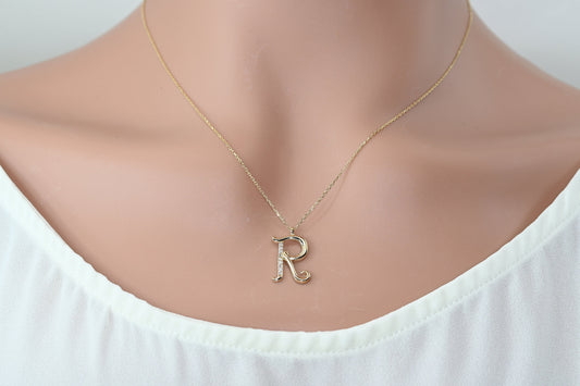 Solid Gold Letter R Moissanite Necklace / Real Gold Unique Design Initial R Pendant / Handmade Fine Jewelry  /  All Letters Available