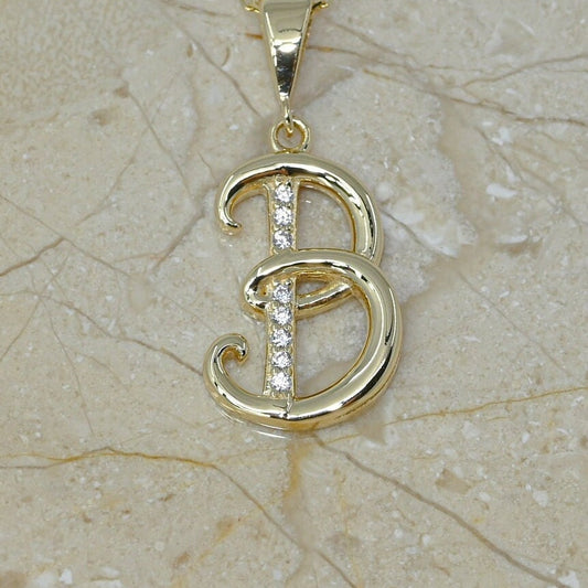 Solid Gold Letter B Moissanite Necklace / Real Gold Unique Design Initial B Pendant / Handmade Fine Jewelry  /  All Letters Available