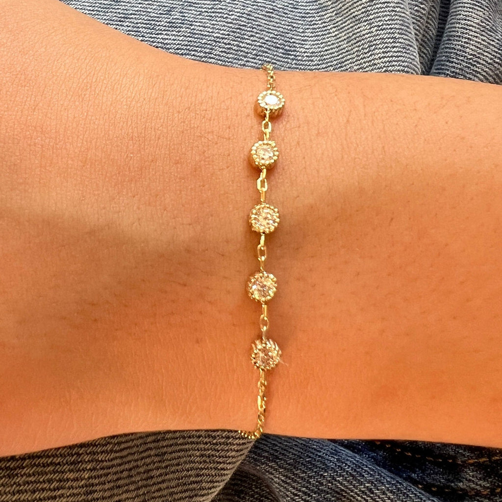 Solid Gold Bezel Bracelet, Dainty Chain Bracelet, Real Gold 5 Stone Bracelet For Her, Handmade Fine Jewelry by Selanica