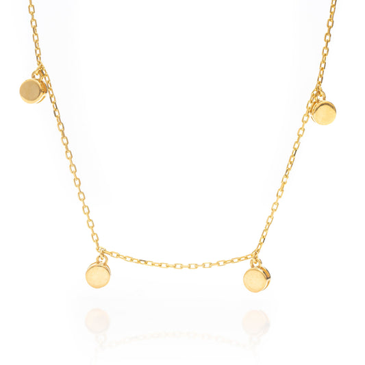 Solid Gold Seven Charm Necklace, Real Gold Dainty Round Button Necklace, Premium Disc Necklace, Handmade Fine Jewelry by Selanica
