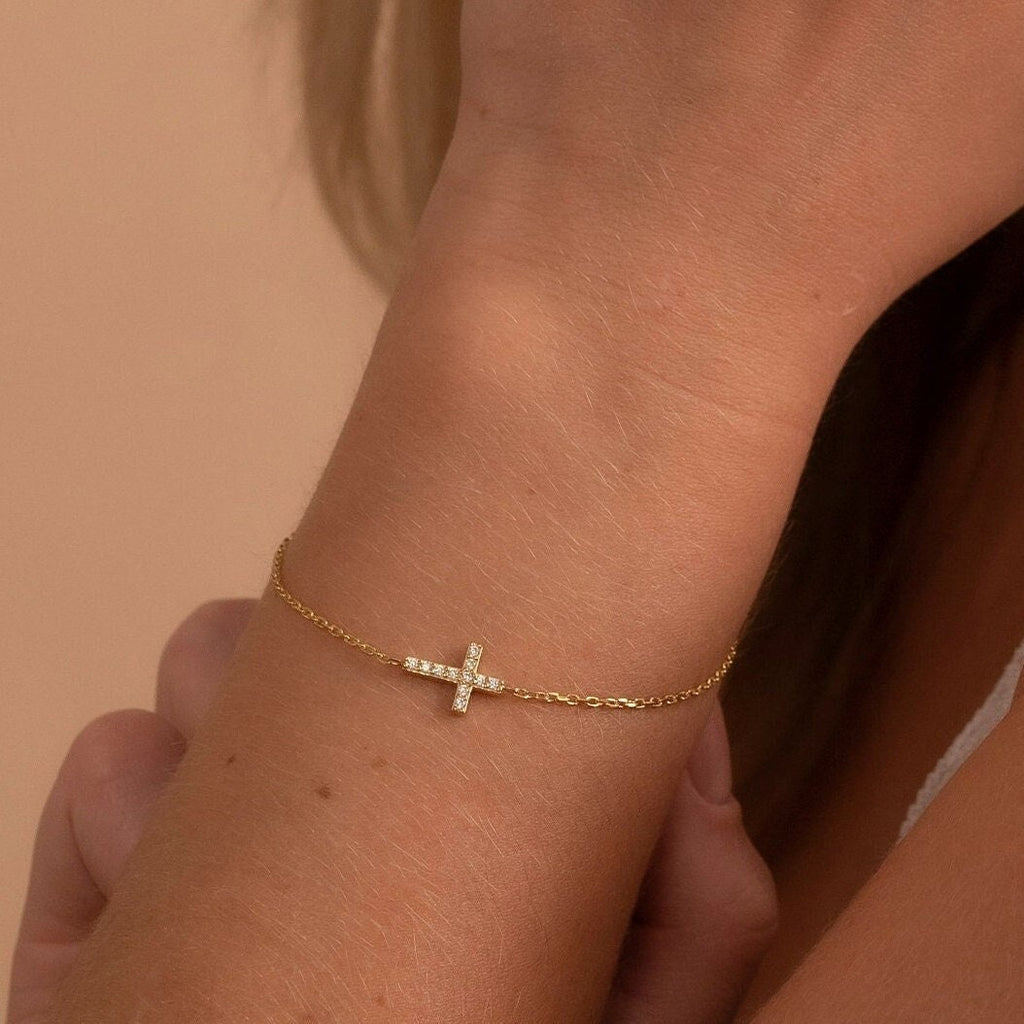 Solid Gold Cross Bracelet, Real Gold Premium Cross Bracelet For Her, Handmade Fine Jewelry by Selanica