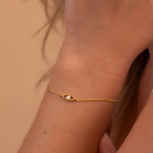 Solid Gold Evil Eye Bracelet, Real Gold Double Chain, Premium Eye Bracelet For Her, Handmade Fine Jewelry by Selanica