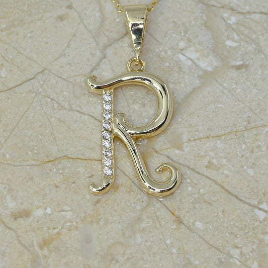 Solid Gold Letter R Moissanite Necklace / Real Gold Unique Design Initial R Pendant / Handmade Fine Jewelry  /  All Letters Available