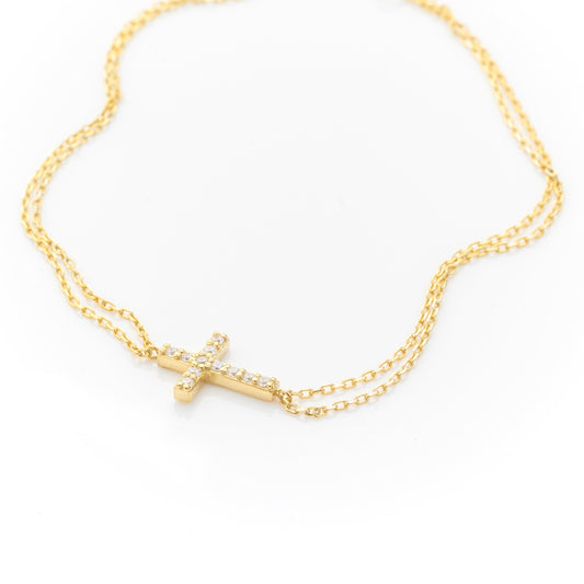 Solid Gold Double Chain Cross Bracelet, Real Gold Premium Cross Bracelet For Her, Handmade Fine Jewelry by Selanica