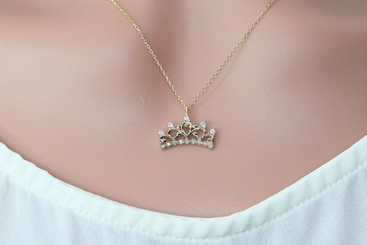 Solid Gold Crown Necklace, Real Gold Crown Pendant, Queen Coronet Necklace For Her, Handmade Fine Jewelry For Her