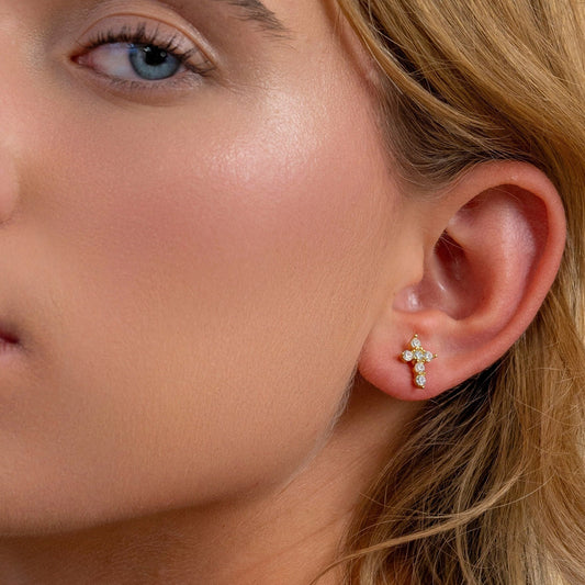 Solid Gold Cross Stone Earrings, Premium Pair of Cross Studs, Handmade Fine Jewelry By Selanica